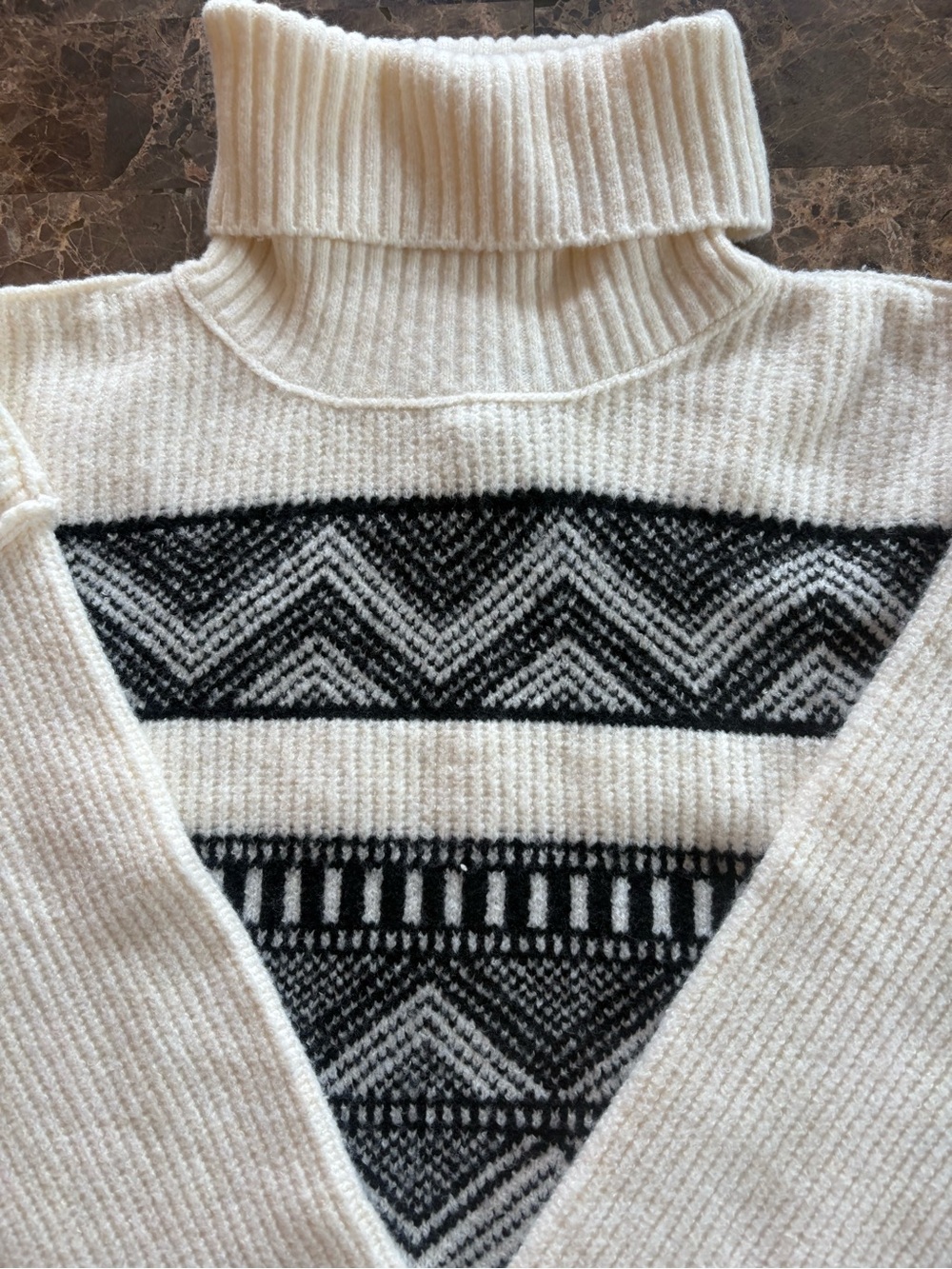 Pink Rose Cream Turtleneck Sweater with Black Geometric Stripes